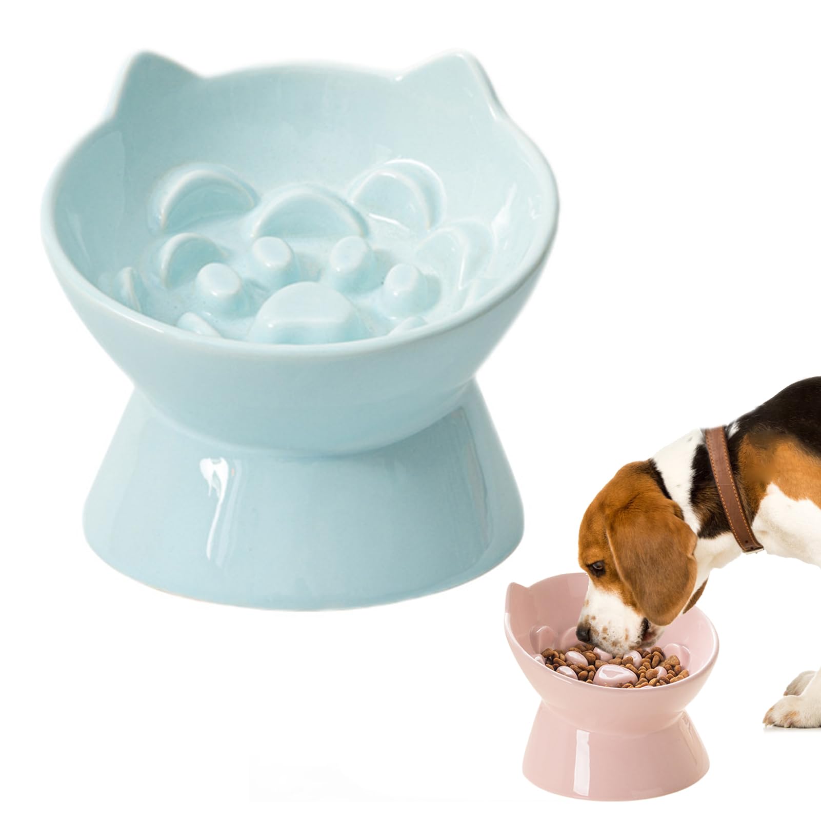 Pasdrucn Ceramic Slow Feeder Cat Bowls Ceramic with Wooden Stand, Anti Gulp Overeating Choking, Dog Slow Feeder Bowl, Whisker Friendly Cat Feeding Bowls, Elevated Cat Slow Feeder Bowl (Blue)
