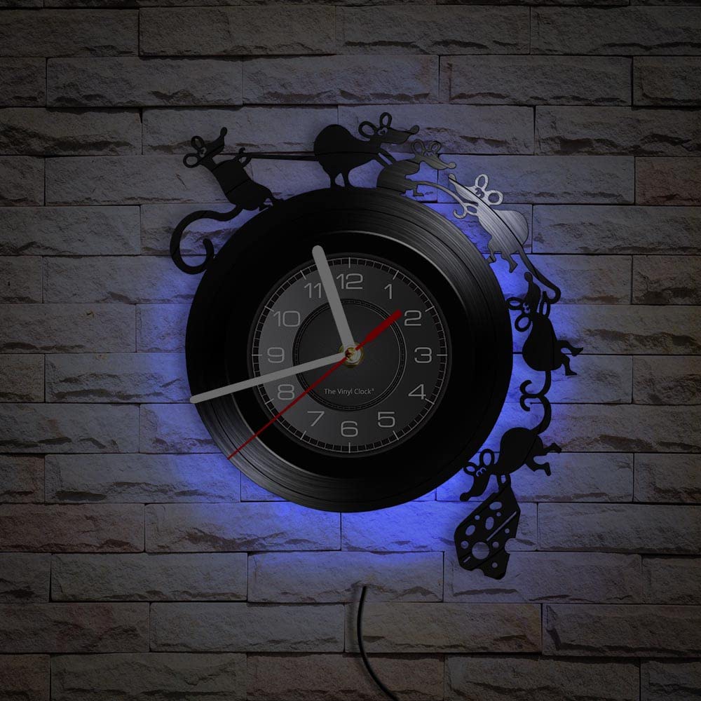 Smotly Light Vinyl Wall Clock With Seven Color Night Atmosphere Clock, Designed In The Shape Of A Rat Team Stealing Food, A Wall Clock Gift For Children