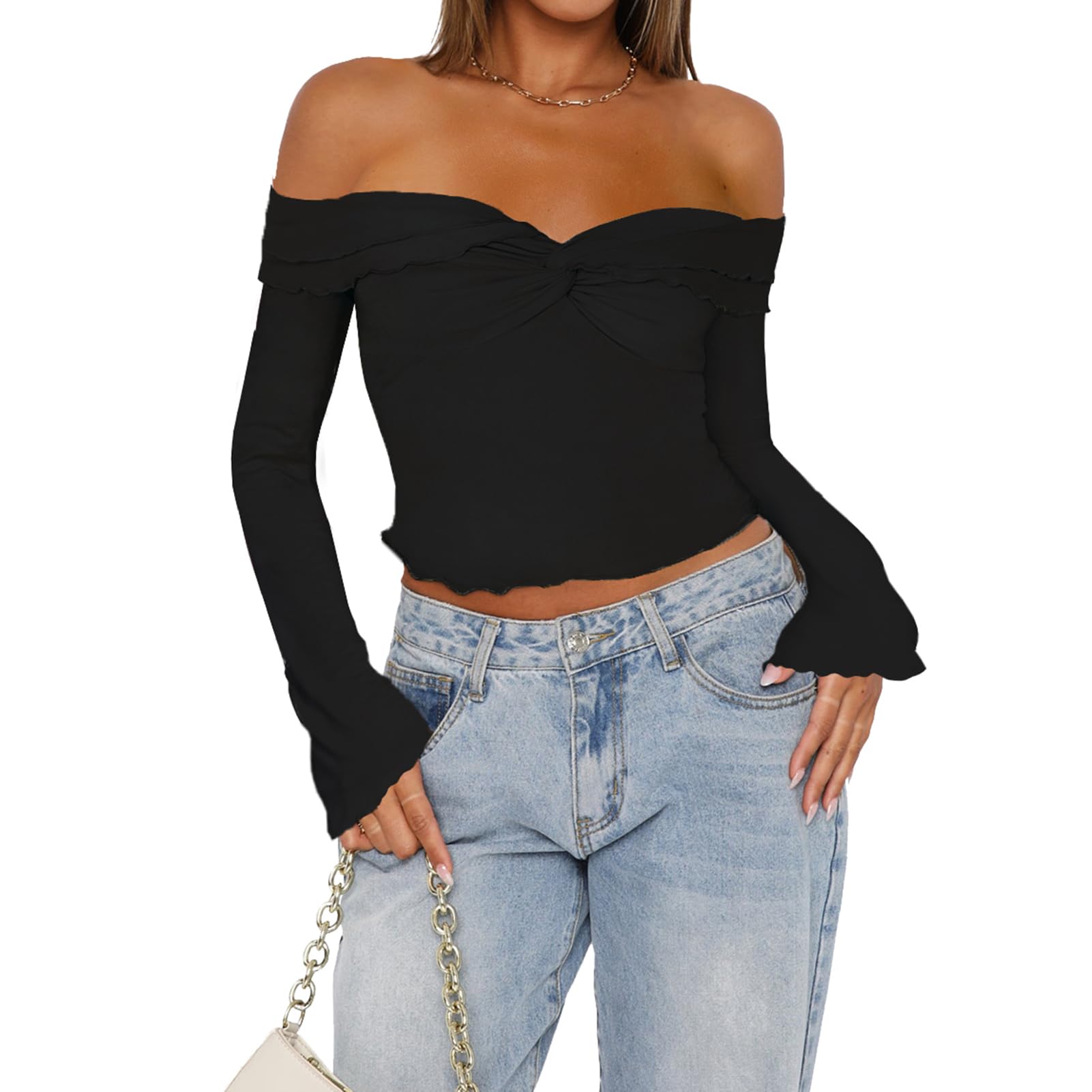 Off The Shoulder Tops for Women Long Sleeve Crop Blouses Twist Front Lettuce Trim Y2K Going Out Shirts