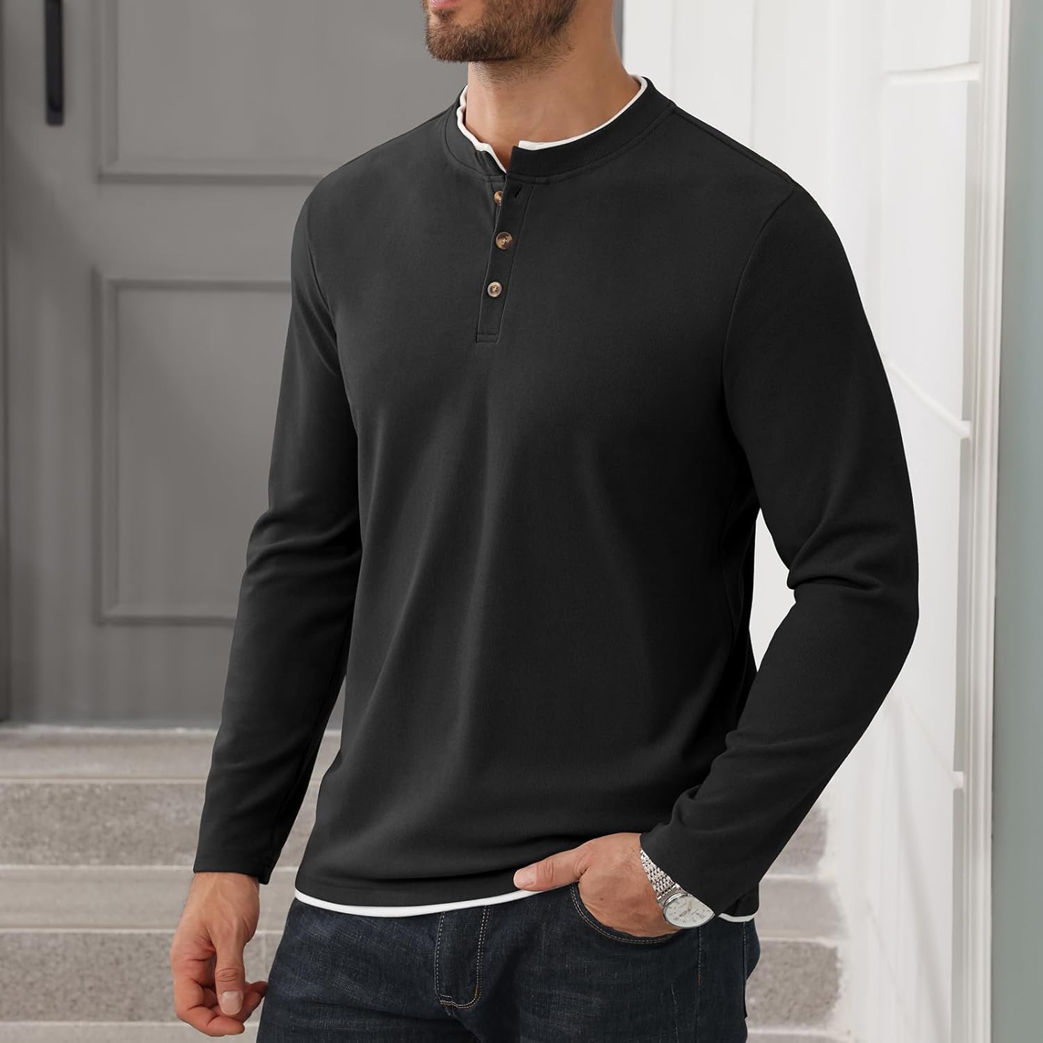 Uni Clau Men's Henley Shirts Classic Button T-Shirt Long Sleeve Casual Thermal Pullover Shirt - Image 3