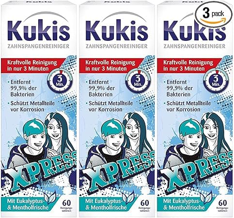 Kukident Kukis Zahnspangen-Reiniger - Tabs zur Reinigung von losen Zahnspangen - 3 x 60 Tabletten