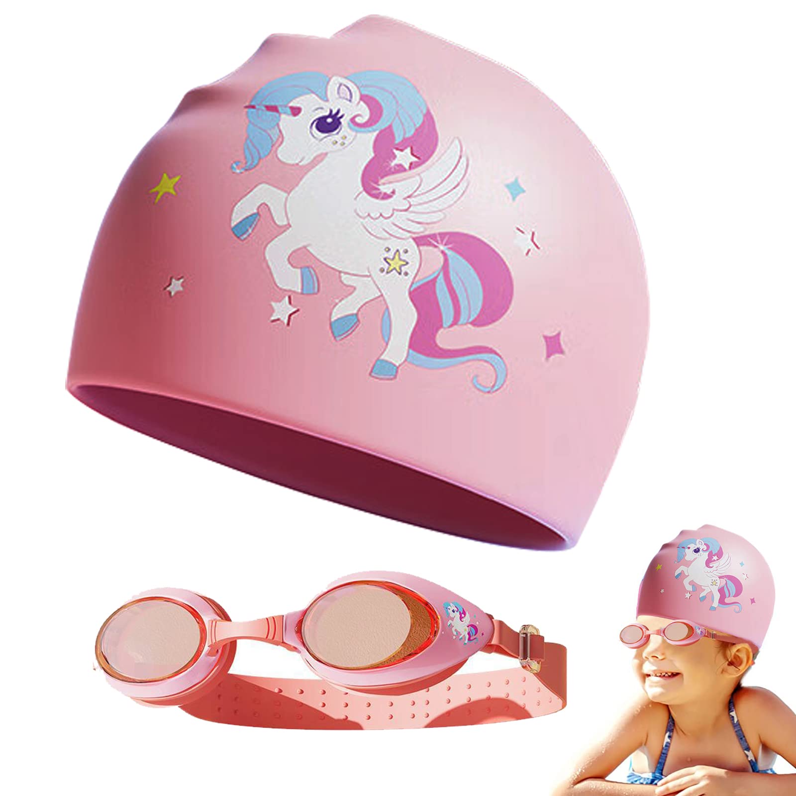 VUCATINKids Swimming Cap with Swim Goggles, Silicone Cartoon Girls Swim Cap Boys Bathing Caps for Kids, Waterproof Tear-resistance Durable for Children Long and Short Hair, Age 3-15