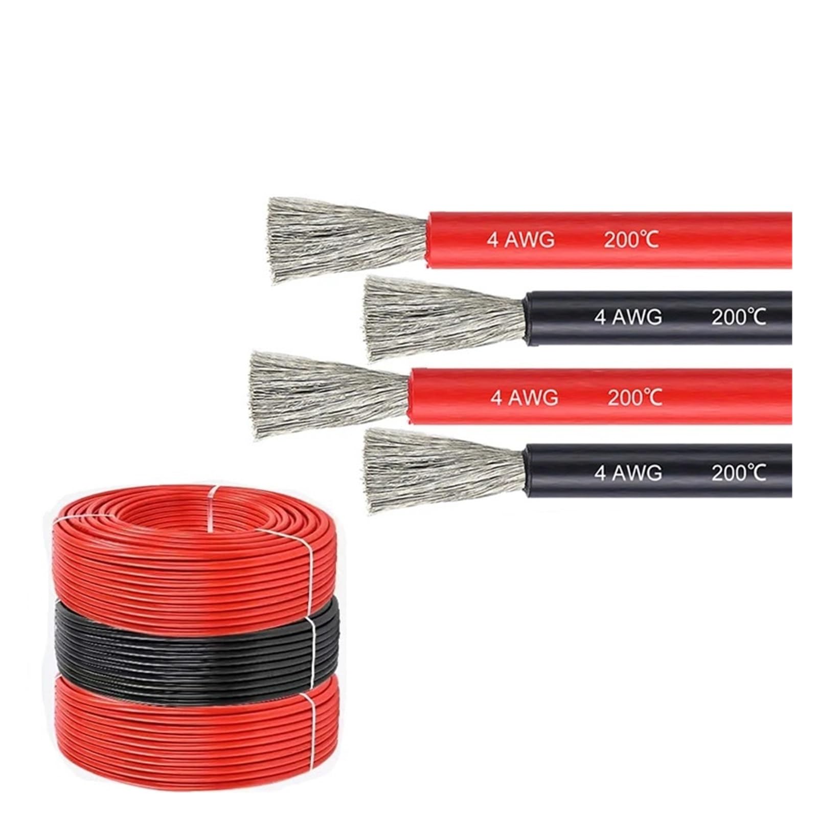 Cable fotovoltaico Cable de batería de 4 awg, Cable resistente al calor, 1m, 2m, 4m, 5m, Cable de silicona suave rojo y negro for soldadura de inversor de coche y Panel Solar(Black,4AWG 25MM2_4M)