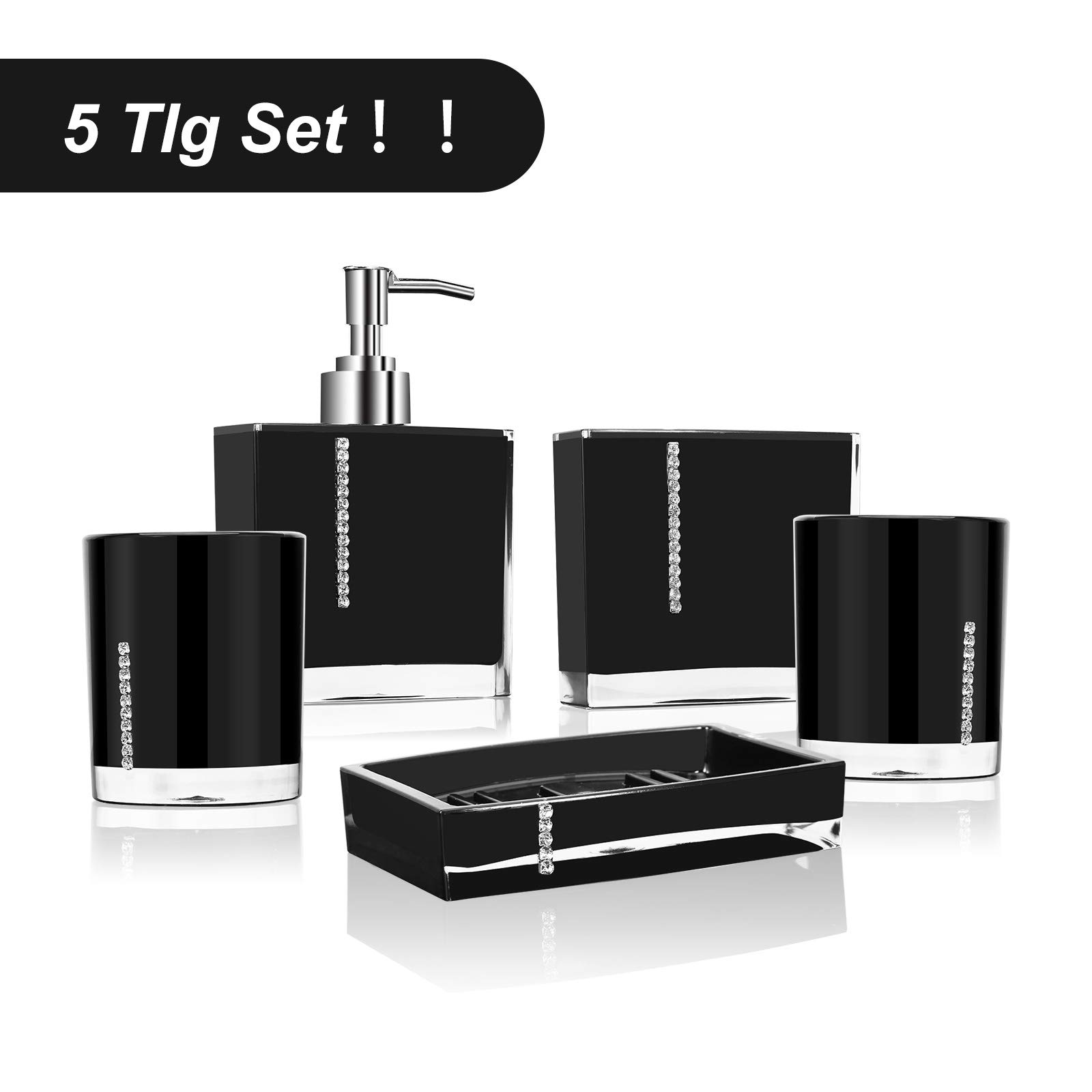 Cocoarm Ensemble d'Accessoires de Salle de Bain, 5 Pièces en Résine, Noir, Comprend Bouteilles de Lotion, Porte-Brosse à Dents, Tasse à Dents, Porte-Savon