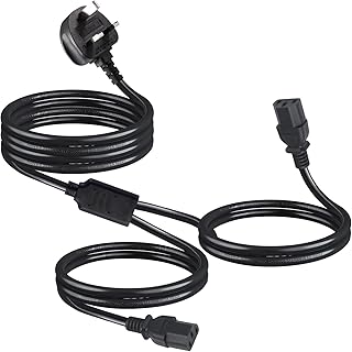 Dual IEC C13 Splitter Extension Cable, 2.5M UK Plug to 2 x C13 IEC Dual Kettle Lead Splitter Cable, Double Mains Socket charge for Monitor, Kettle, PC, Computer Mains Power Supply, Black