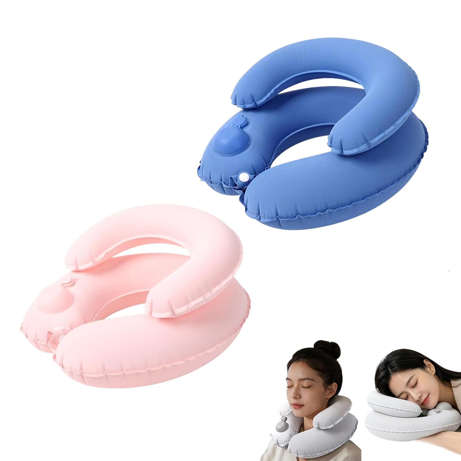GUUZETU Double-Layer Inflatable Travel Neck Pillow, Portable Press-to-inflate Air Pillow for Headrest Sleep, Car, Office Use, Adjustable U-Shape Airplane Pillows for Flights (2-A)