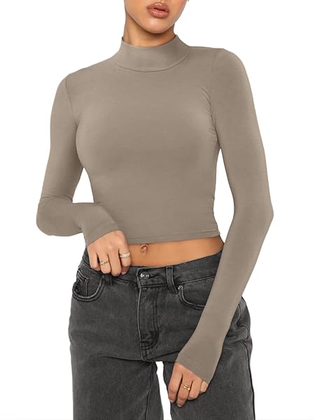REORIA Women's Basic Cute Mock Turtleneck Long Sleeve Ribbed Tight Tshirts Crop Tops