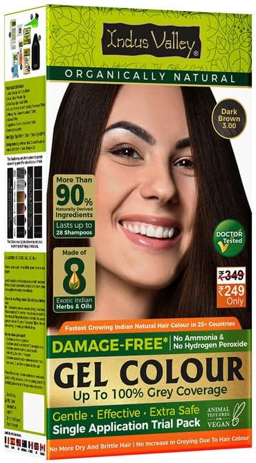 INDUS VALLEY Damage Free Natural Gel Hair Colour for Women | Ammonia & PPD Free Organic Hair Colour with 100% Grey Coverage, Long Lasting Hair Color Trial Pack (Dark Brown, 65 ml)