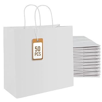 PAICUIKE White Kraft Paper Bags Gift Bags With Handle 8.3x3.2x6.3 100Pcs Party Favor Bags for Shopping Wedding,Baking Outer Bags,Birthday Party,Celebrations Gift Package