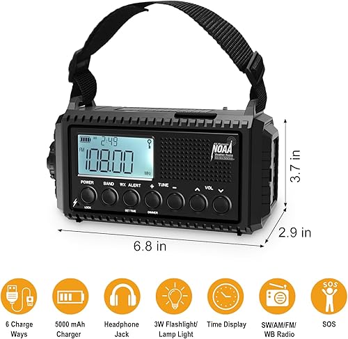 Miniatura 6 de Raynic - Radio meteorológica NOAA, radio de emergencia solar con manivela de 5000 mAh/18 500 mWh, radio portátil a batería con AM/FM/SW/NOAA