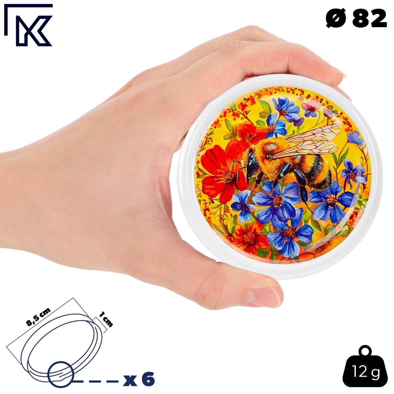 KADAX Tarros de miel de 900 ml, con tapa de rosca fi82 mm, tarros para miel, tarros de mermelada, tarros de rosca (abeja colorida, 48 unidades)