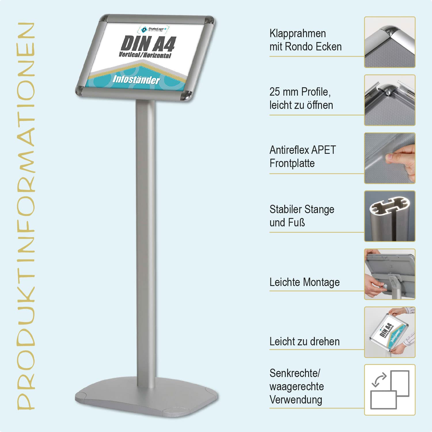 Displaylager - Soporte y información para carteles A4, soporte en base de aluminio inoxidable para uso horizontal o vertical