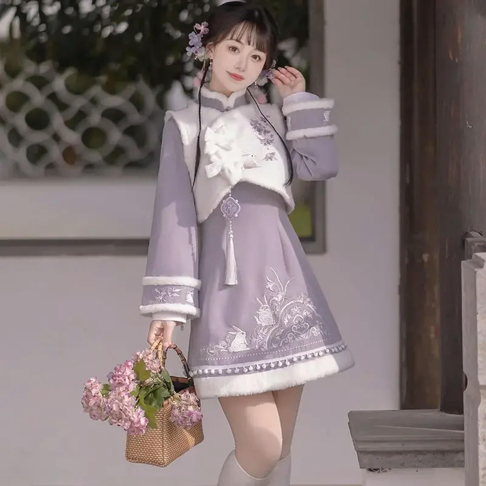Amazon.co.jp: オリジナルかわいい紫ウサギ刺繍長袖チャイナ ベスト
