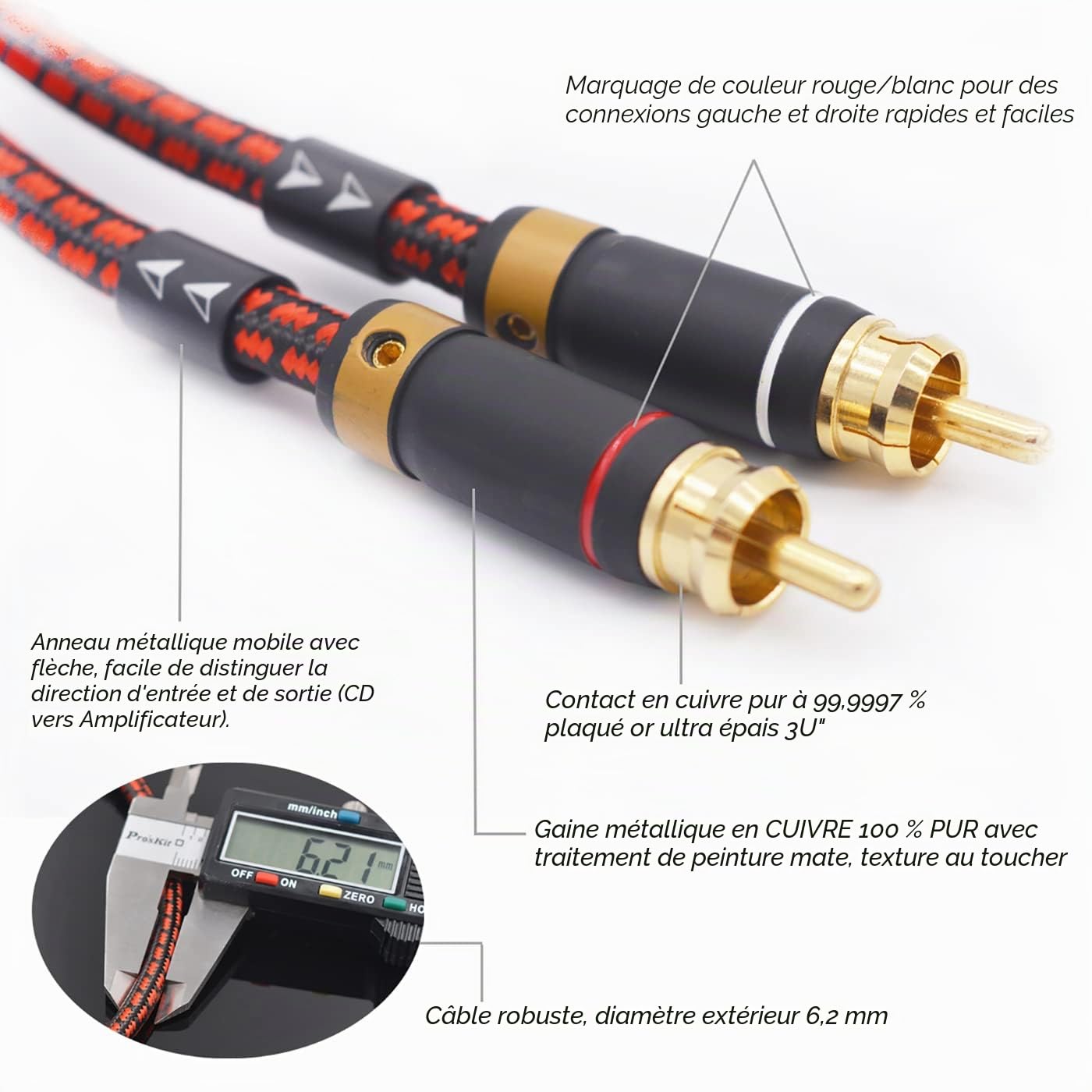 Audiophiles Câble audio stéréo 2 RCA mâles vers 2 RCA mâles (son Hi-Fi), coton tressé pour caisson de basses Home Cinéma, amplificateurs HDTV, systèmes Hi-Fi, haut-parleurs (1,5 m)