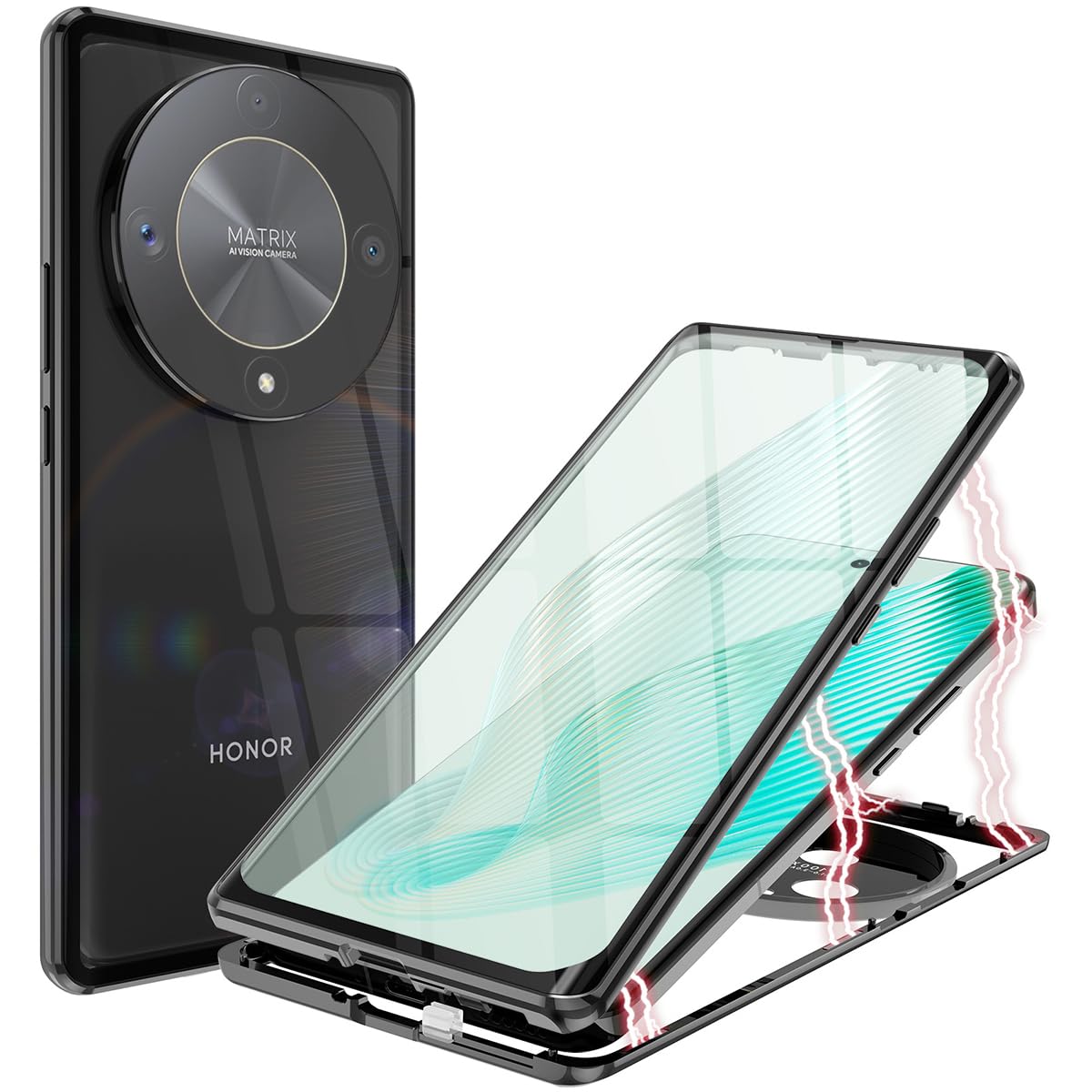GOKEN Funda Para Honor Magic 6 Lite 5G / Honor X9b, PC + TPU Silicona Tough Armor Protección Carcasa, Robusta Antigolpes Estuche Con 360° Magnético Anillo Kickstand, Negro