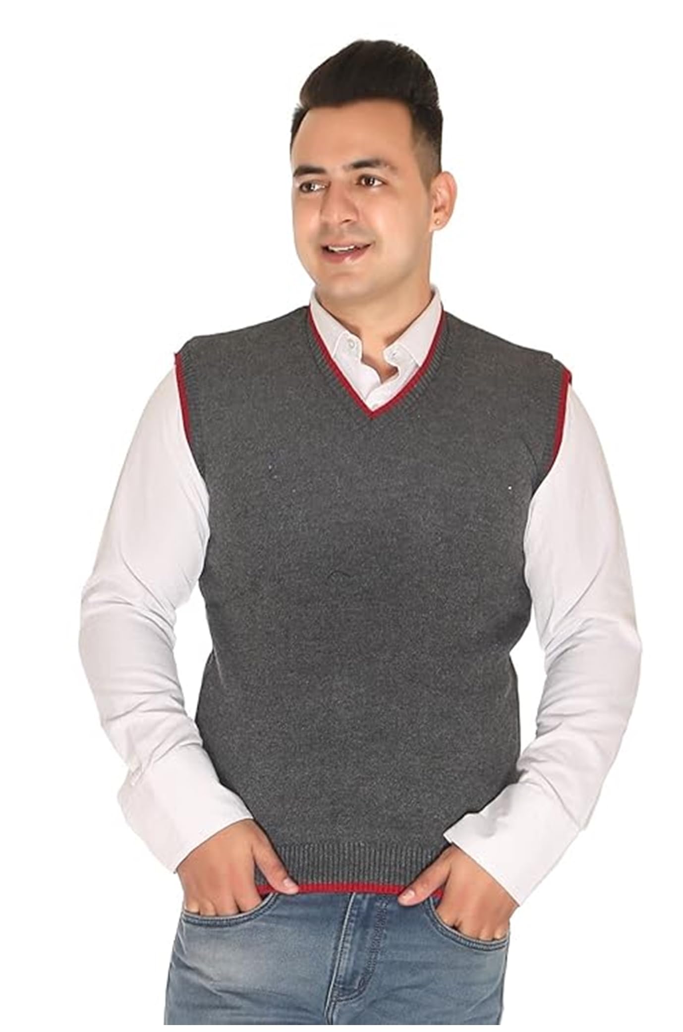 bollywood designer Half Sleeve Men's V-Neck Premium Knitted Woolen Sleeveless Sweater for Men and Boys-picture-36