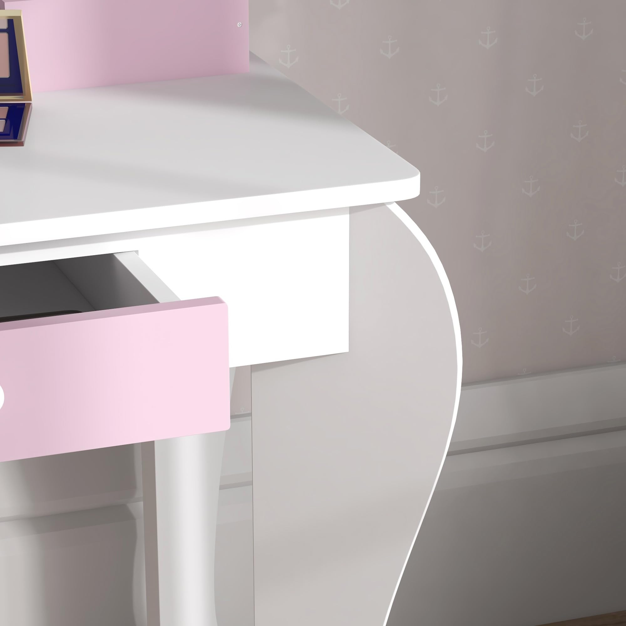 ZONEKIZ Tocador Infantil con Taburete y Espejo, Tocador para Niñas con Cajón, Compartimentos, Diseño de Unicornio, Mesa de Maquillaje para Niños y Niñas de 3-6 Años, Blanco