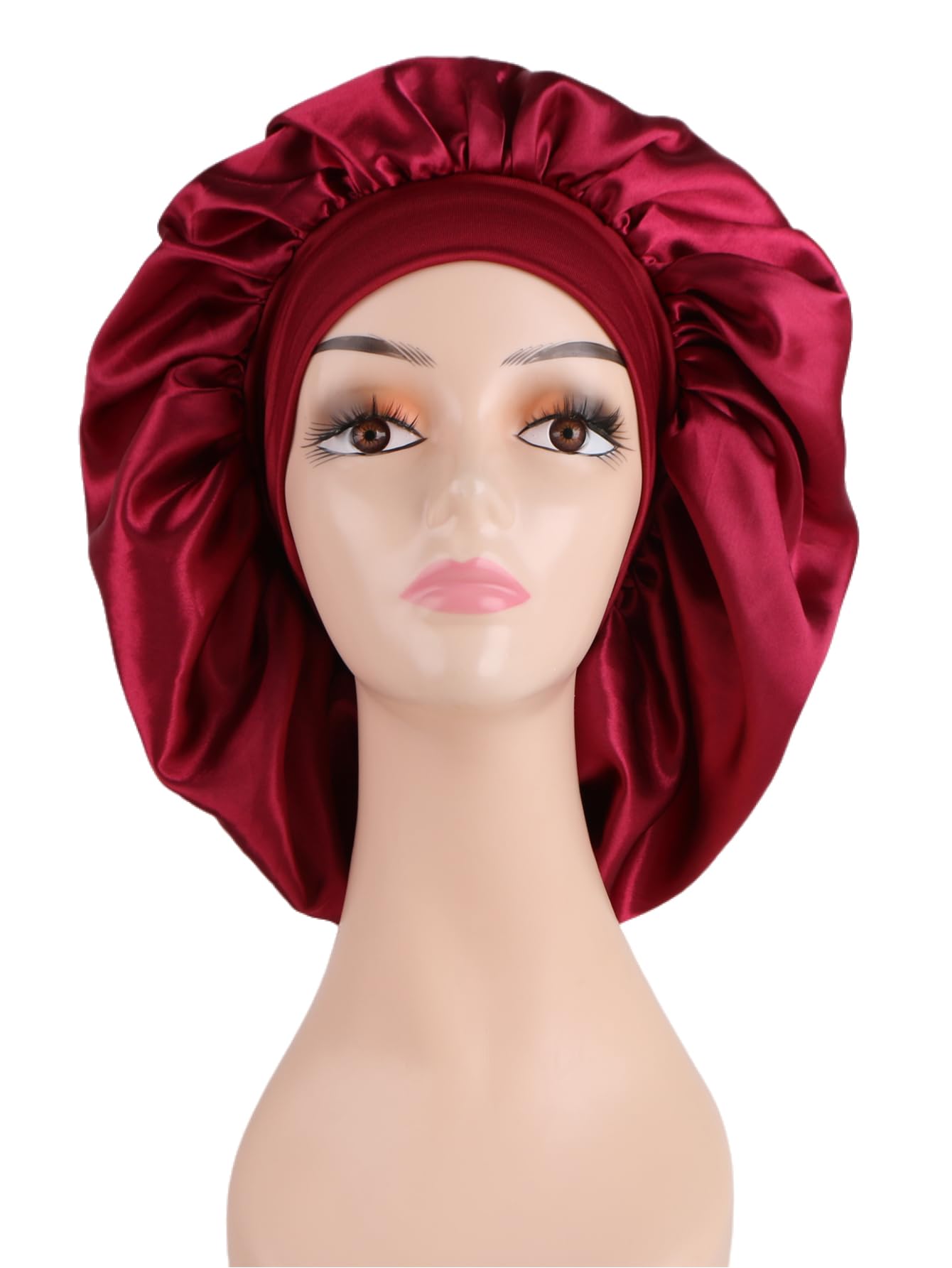 2 Pcs Extra Large Size Women Satin Bonnet Sleep Cap Silk Feeling Shower Cap Hair Scarf Wrap (Black Burgundy Hot Pink) (Burgundy)