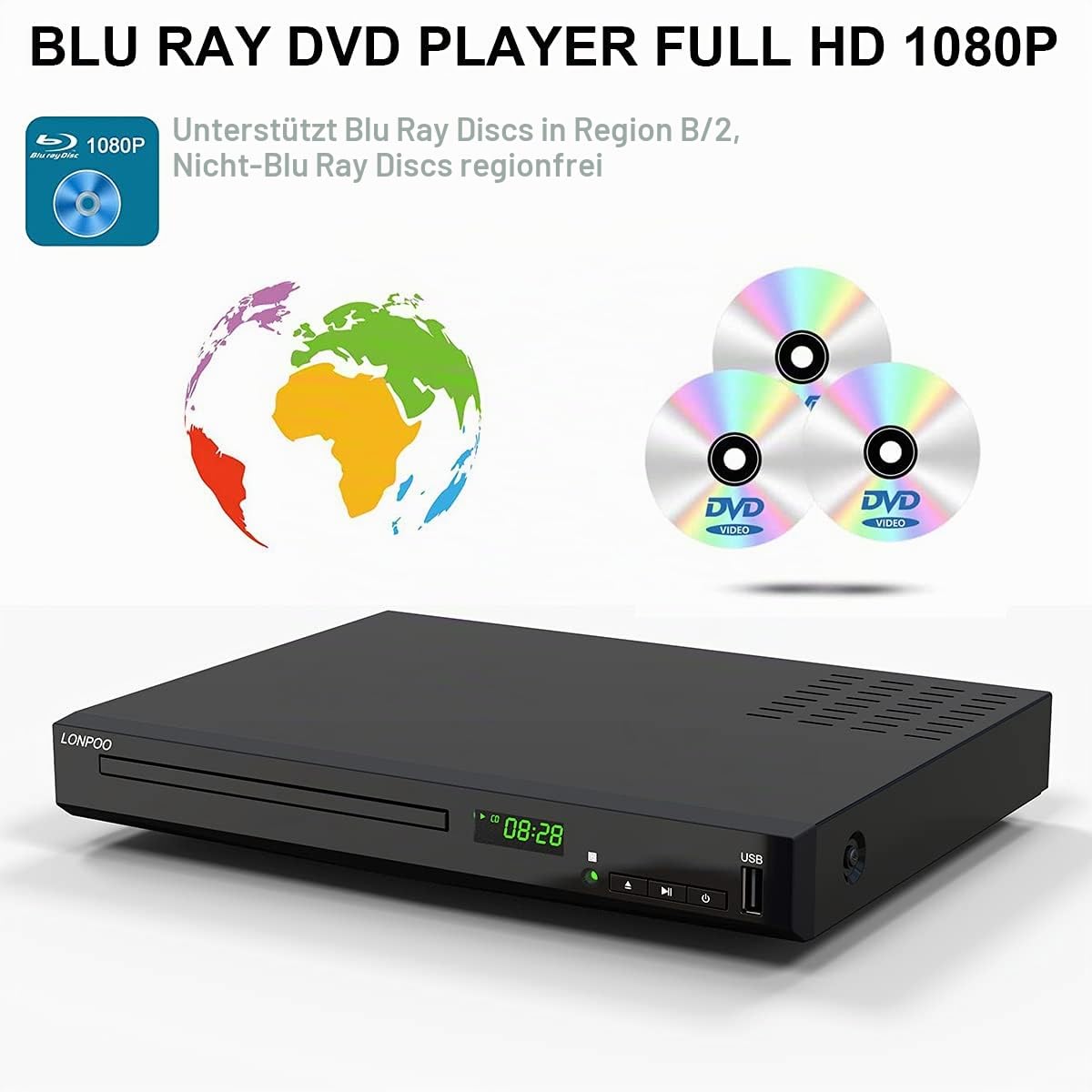 HD Blu-ray Player, Kompakter Bluray Player HDMI 1080P-DVD-Player mit HDMI-Ausgang/AV-Ausgang/Koaxialausgang, USB-Eingang, unterstützt alle DVDs und Region B / 2 Blue Ray Disc