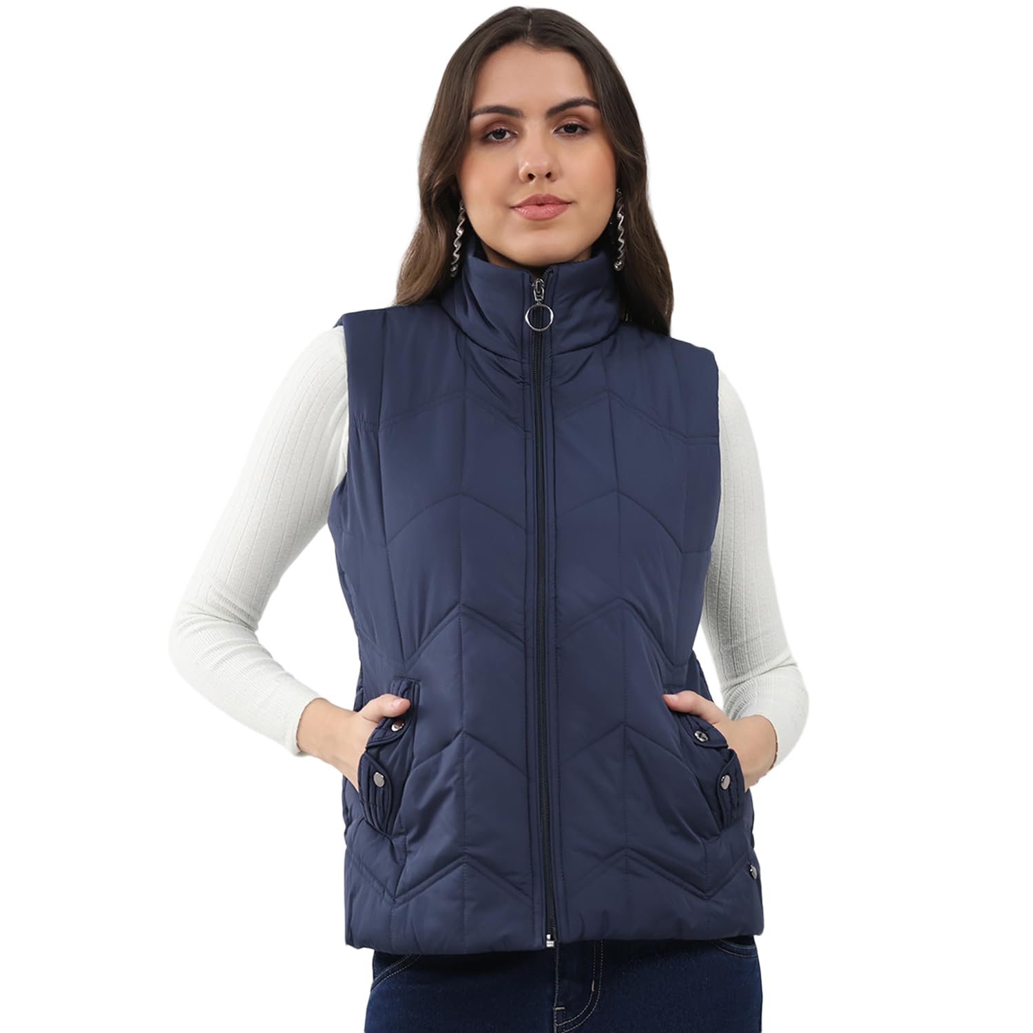 Women’s Regular Fit Solid Collared Neck Sleeveless Winter Jacket | Stylish Warm Design | Premium Fabric | Trendy Winter Outerwear for Women (Pack Of 1)