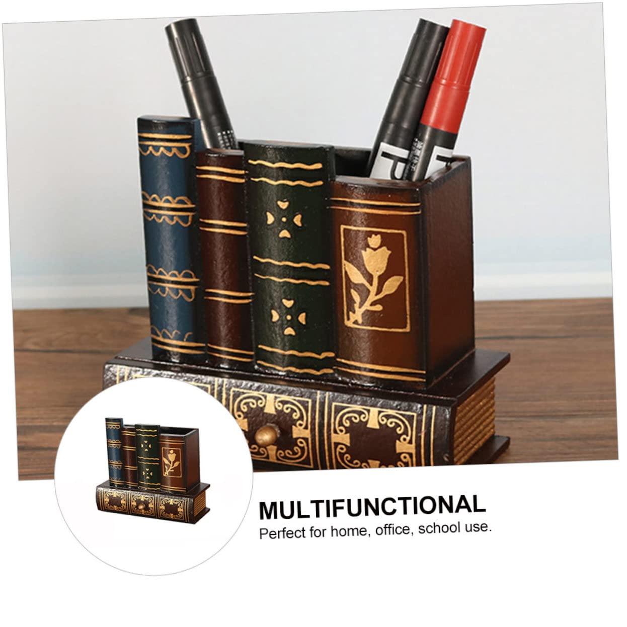 Portapenne Organizer Multifunzionale Struttura Multi- Cassetto Design Retrò in Legno per Uso Casa e per Cancelleria Salvaspazio
