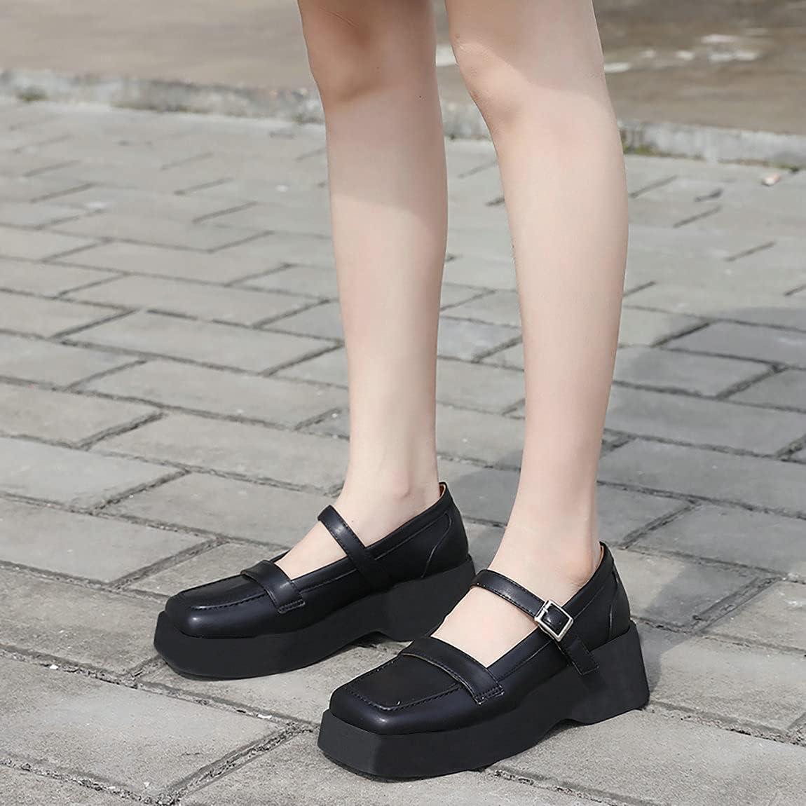 Trendenzy Womens Square Toe Mary Jane Uniform Shoes Gothic Wedge Platform Vintage Pumps