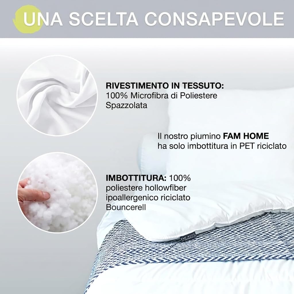 Piumino singolo 140x200 cm bianco lavabile Letto 80/90, Piumone trapuntato certificato MADE IN GREEN, ipoallergenico, morbido, durevole, in fibra cava di poliestere riciclato 350g/m3