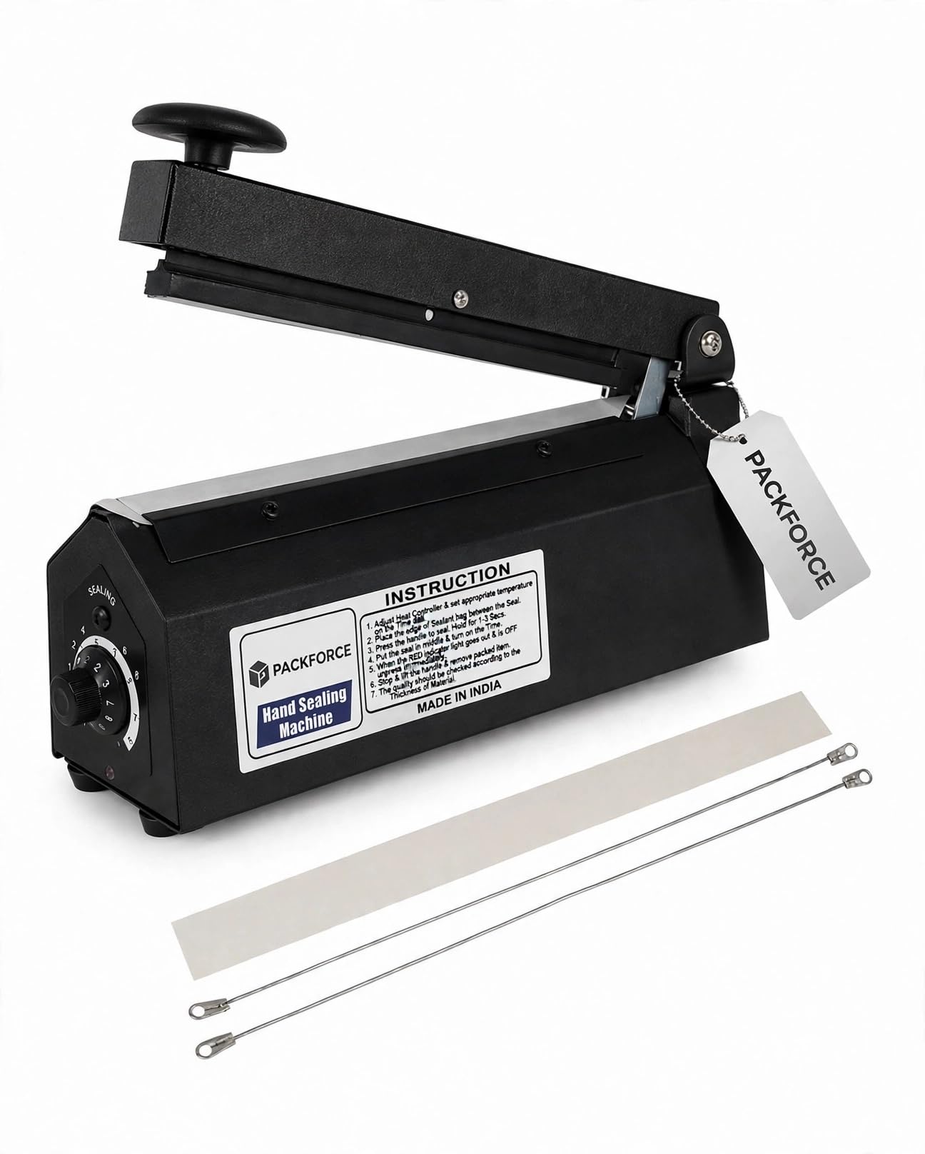 packforge 8 inch heavy duty impulse sealer machine for food packet poly bag | 200 mm seal bar, with spare heating element, poly bag and laminated pouch, 1-2 second seal, colour as per availability