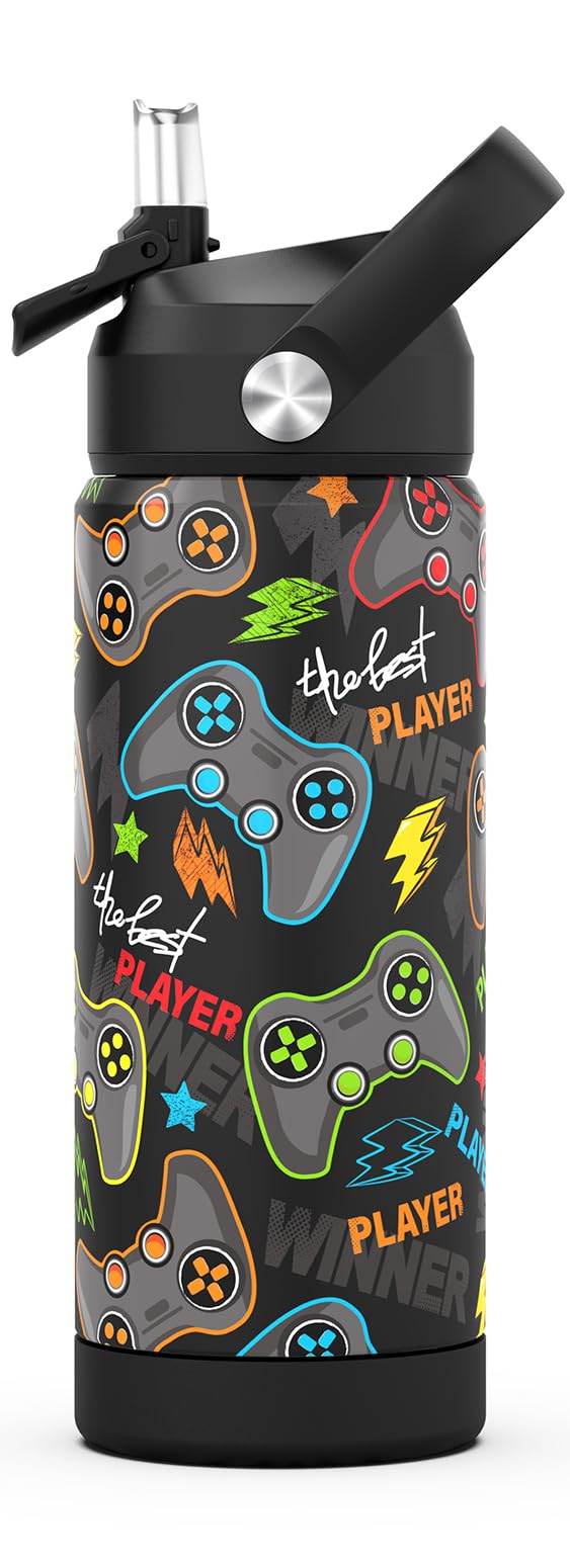 ntskood Boys Game Black Water Bottle for School，Kids 18 oz Insulated Stainless Steel Cup with Straw, Double-Wall Vacuum Leakproof