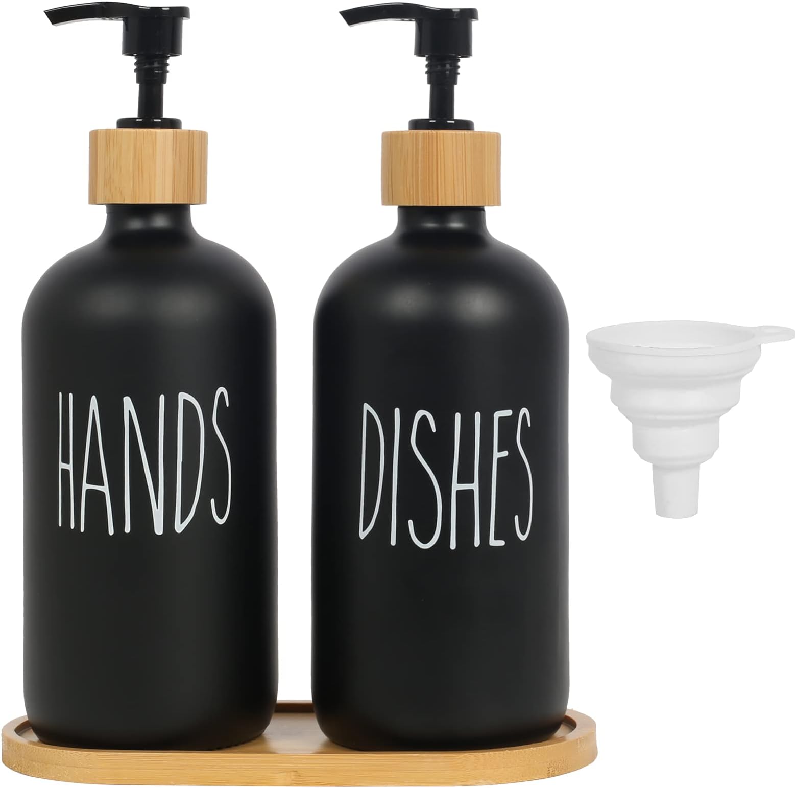 2Pcs Soap Dispenser Kitchen Hand & Dish Wash Dispenser Black Washing Up Liquid Dispenser 500ml Glass Soap Dispenser with Bamboo Pump &Tray for Bathroom Countertop Laundry Room Shampoo Lotion