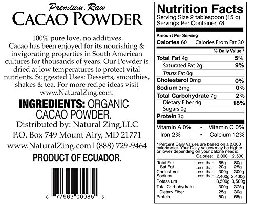 Natural Zing Cacao Powder (Raw, Organic) 2.5 Lb (40Oz) - Single Origin - Zero Guilt - 100% Pure Cacao - No Gmo - Antioxidant Properties #TOP1