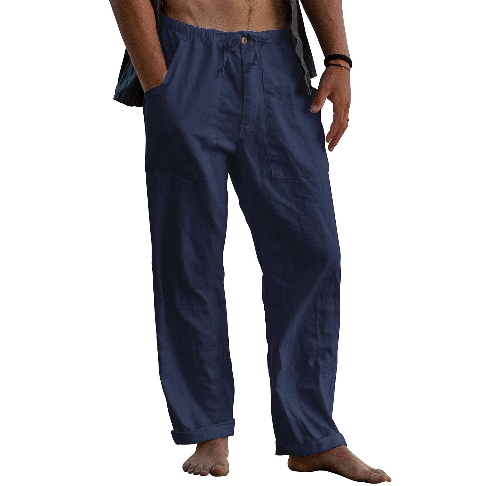 Puimentiua Leinenhose Herren,Lang Leichte Sommerhose,Loose Fit Sommer Leinen Hose,Baumwollehosen mit Tunnelzug und Reißverschluss (Marineblau,3XL)