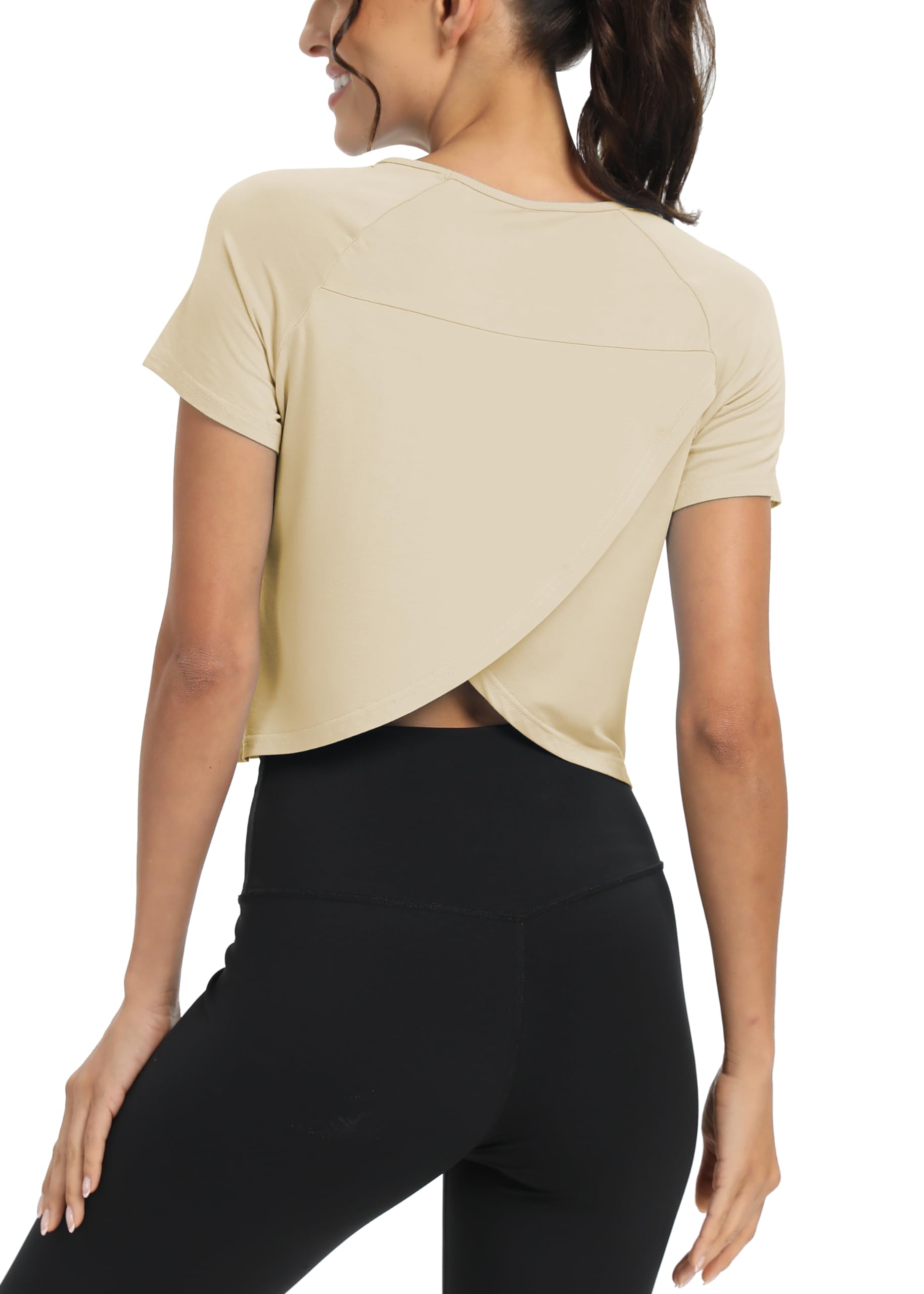 Mippo Camisetas de entrenamiento para mujer, Ropa Deporte, recortadas, espalda dividida, atlética, gimnasio, ejercicio, ajuste holgado, Albaricoque, Large