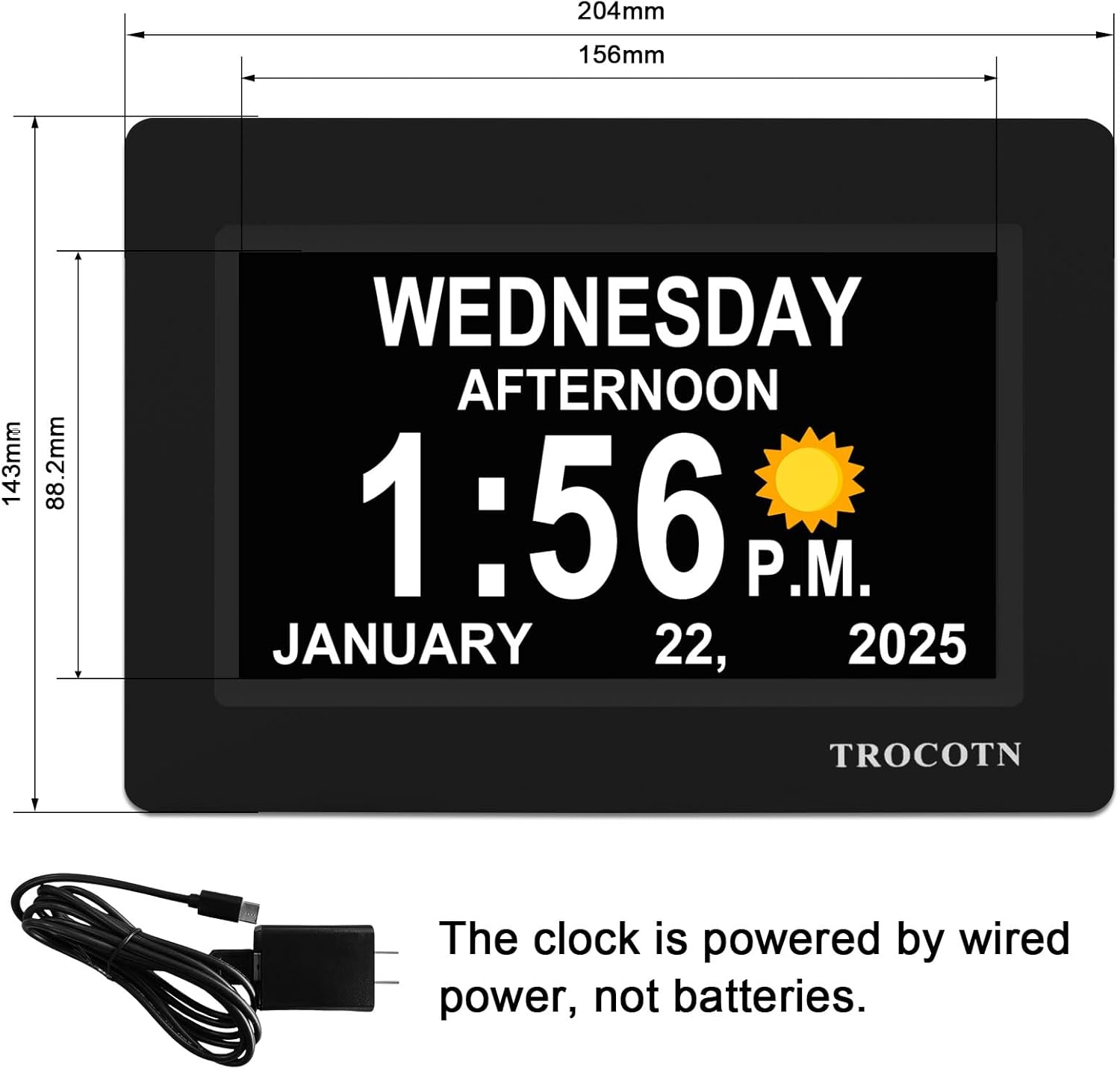 Diagram showing the dimensions of the TROCOTN 7-inch Digital Calendar Alarm Clock and its wired power adapter.