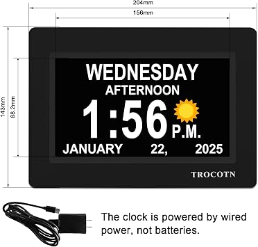 TROCOTN Dementia Clocks, Large Display Calendar Alarm Clock with Auto DST for Seniors, 5 Display Modes Large Font Digital Clock with Custom Alarms Day Date Clocks. (7 Inch Black)