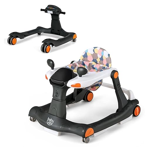 BABY JOY Andador de bebé 2 en 1, caminador de actividad plegable con altura y velocidad ajustables, música, luces, espejos, cojín de asiento