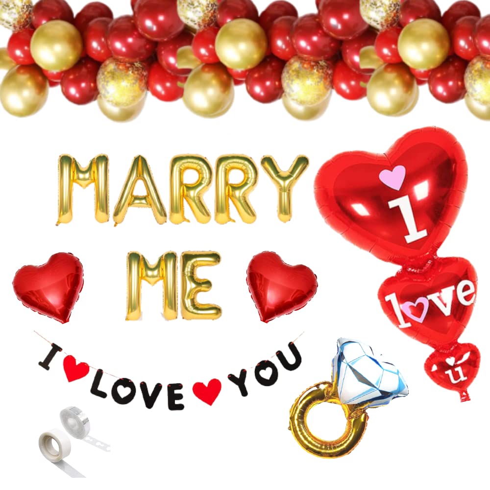 54 pcs Marry Me Decoration Set Proposal Ring Heart I Love You Balloons for Decorations Wedding Engagement Will You Marry Me Decoration (Pack of 54, Gold & Red)