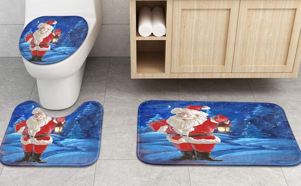 Miniatura 4 de Juego de cortina de baño de Navidad azul con alfombras, juego de baño con alfombra antideslizante, cubierta para tapa de inodoro, tapete de baño y