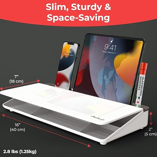 Miniatura 2 de Chalkola Pizarra blanca de escritorio de vidrio con almacenamiento, pizarra de borrado en seco, organizadores de escritorio de trabajo, soporte para