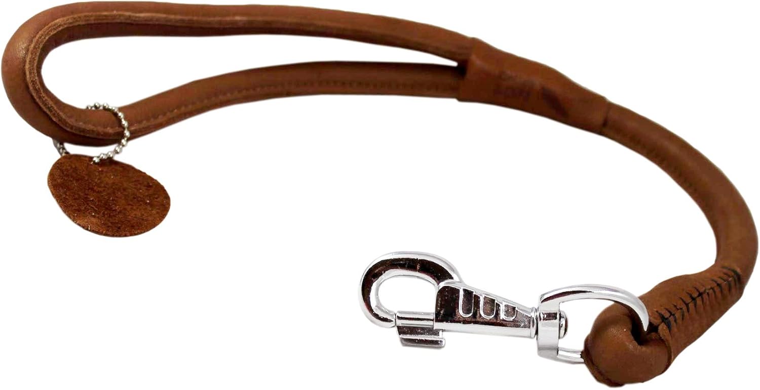 Brown Round Genuine Rolled Leather Dog Short Leash 20" Long 5/8" Wide Lead for Large Breeds