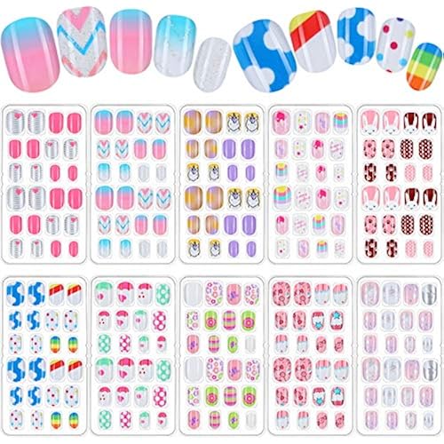 Maitys 240 Pcs Girls Press on Nails 10 Packs Short Nails, Unicorn, Rabbit | Children False Fingernails, Pre Glue Full Cover Kids Press on Short Artificial Fake Fingernails, Xmas Party Daily Decoration