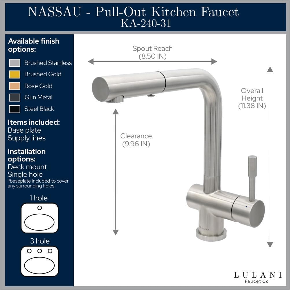 Lulani Nassau Stainless Steel Pull-Out Kitchen Faucet (2 Function Spray Head) - Brushed Stainless