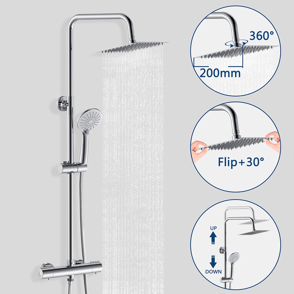OCEAN ITALY Colonna Doccia con Rubinetto Termostatico, Miscelatore Doccia Soffione Doccia Quadrato in Acciaio Inox 20x20cm, Doccetta Tonda da 108mm, Altezza Regolabile 735-1170mm Cromo