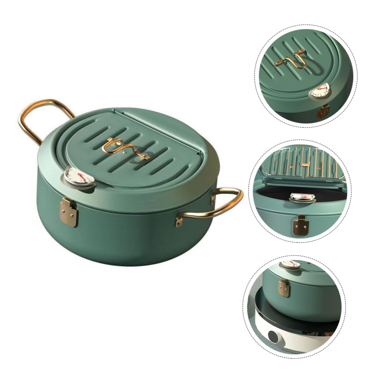 HOODANCOS Fry Pan Pans Small Strainer Deep Fry Pot Rack Pot Fryer with Basket Cooking Deep Fryer Pot Mini Frying Pot Frying Pot with Thermometer Nonstick Fryer Frying Pan Carbon Steel Green