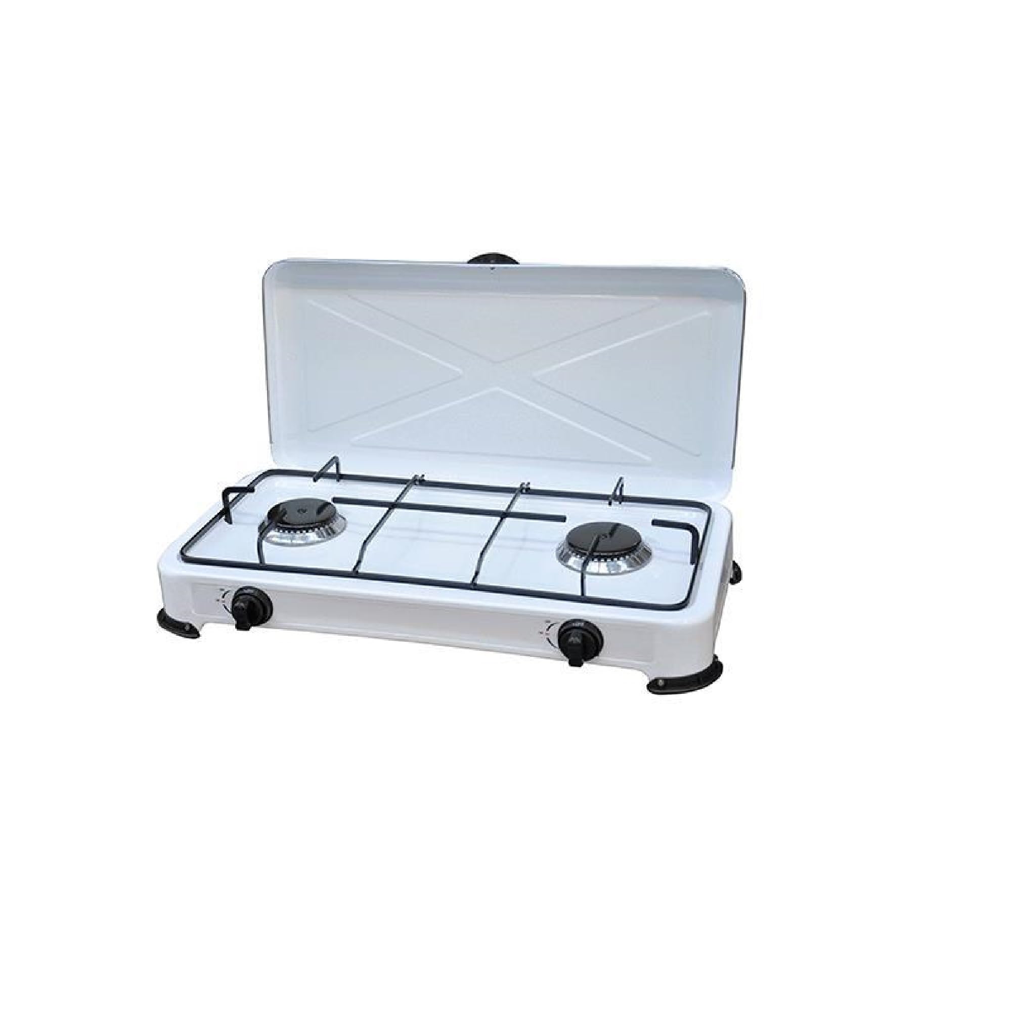 Estufa de gas portátil de acero inoxidable, 2 quemadores, con tapa, ideal para camping