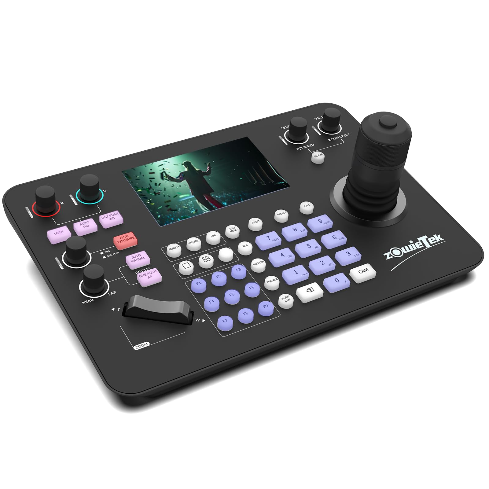 Zowietek PTZ Controller 7D Joystick Keyboard, ZowieKBD, 5'' LCD Quad-Screen Real-time Preview Display, Automatic Camera Detection, Group Control, HDMI Output, Tally, PoE, VISCA/PELCO/RS232/422/485