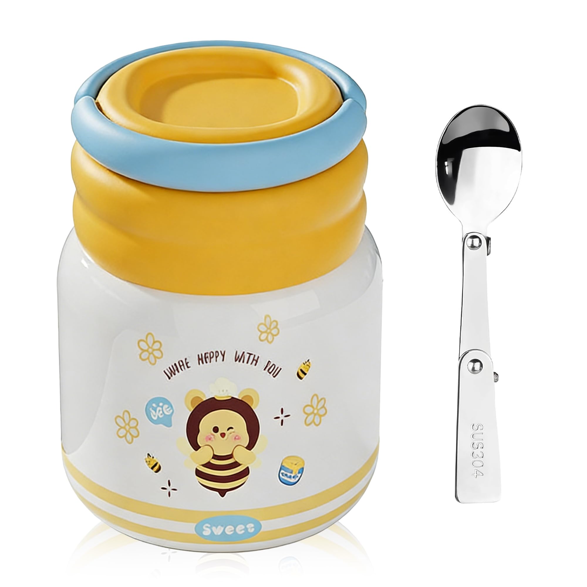 AmzDaKai 500ML/17OZ Insulated Food Flask, Stainless Steel Thermal Lunch Box, Soup Flask with Foldable Spoon, Leak-Proof Soup Jar for Kids School & Office, BPA-Free Hot Food Container (Yellow)