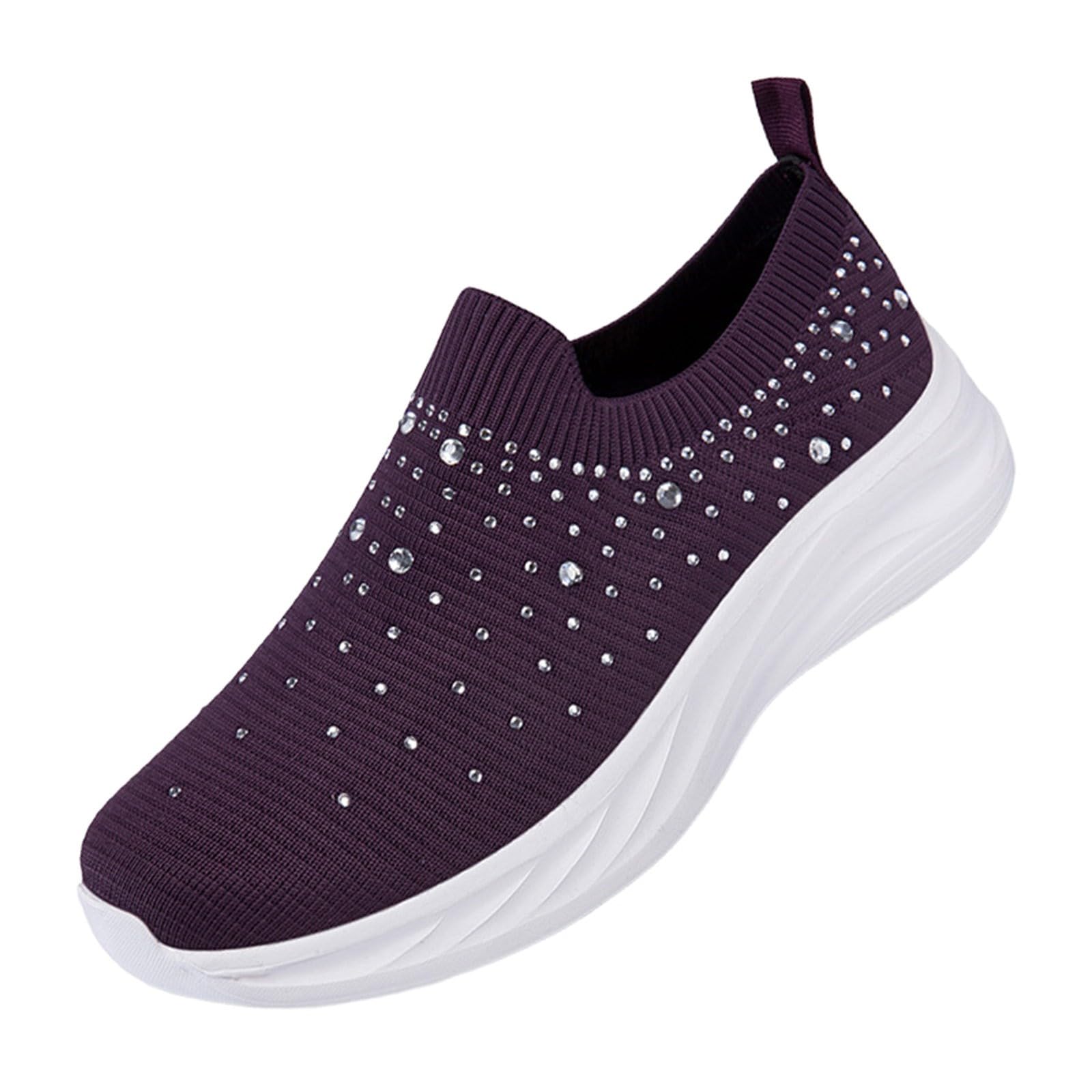 Damskie buty sportowe Y2K Sparkly Slip on Stretch, dzianinowe skarpety trampki z detalami ze strasu, na wieczorne spacery i spacery po mieście, Fioletowy, 39.5 EU