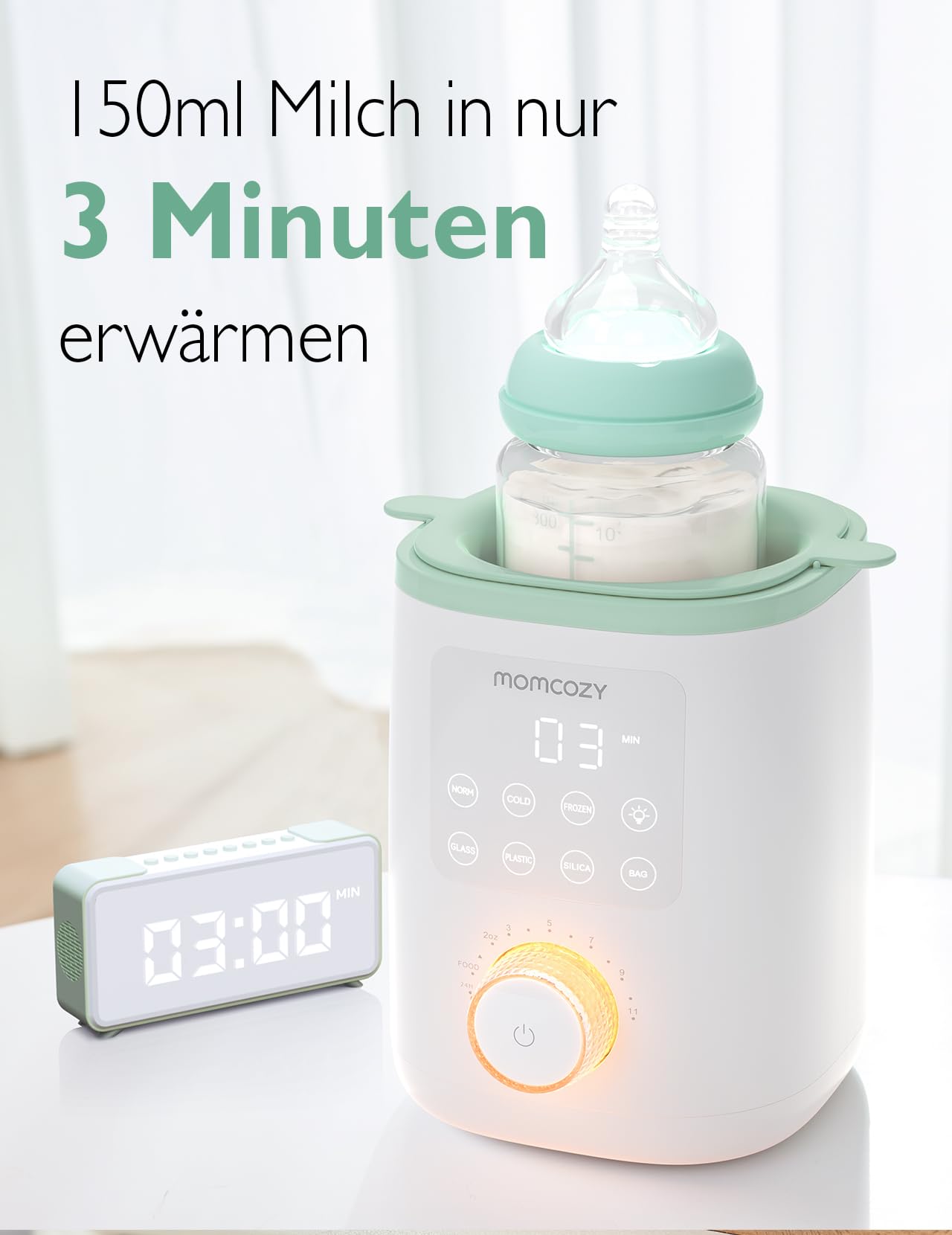 Momcozy Nutri-Flaschenwärmer Baby mit präziser Temperaturkontrolle & Nachtlicht & Elektrischer Dampfsterilisator & Trockner für Babyflaschen – Platzsparend, 6 Flaschen Kapazität