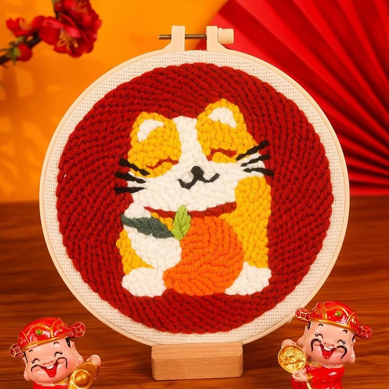 Image of Howie's Punch Needle Kit for Beginner, Cartoon Rug Hooking Embroidery Kits with Pattern, Yarns, Tools and Instructions, Creative Craft Home Decor(Fortune Cat, 8 inch diameters)